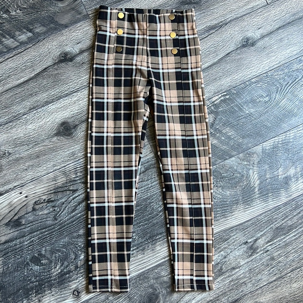 Zara Gold Snaps Plaid Leggings -Natural